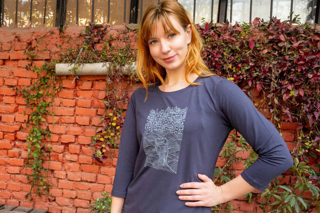 YB-06 - CARLO - Organic Cotton T-shirt Long Sleeves w/ print (Boat & Village print)