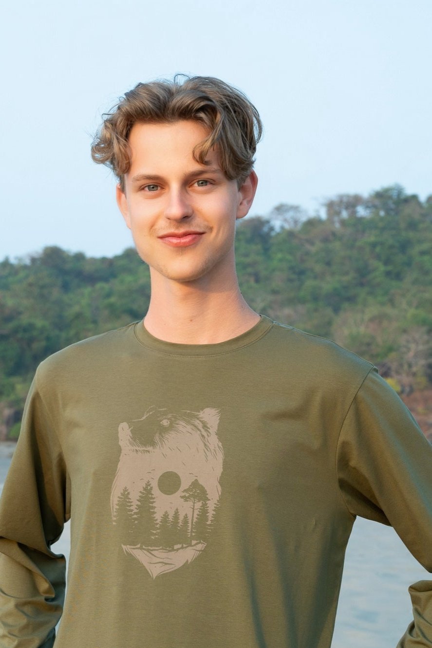 61_WEO_Long Sleeve T-shirt - Olive (Bear Forest print)