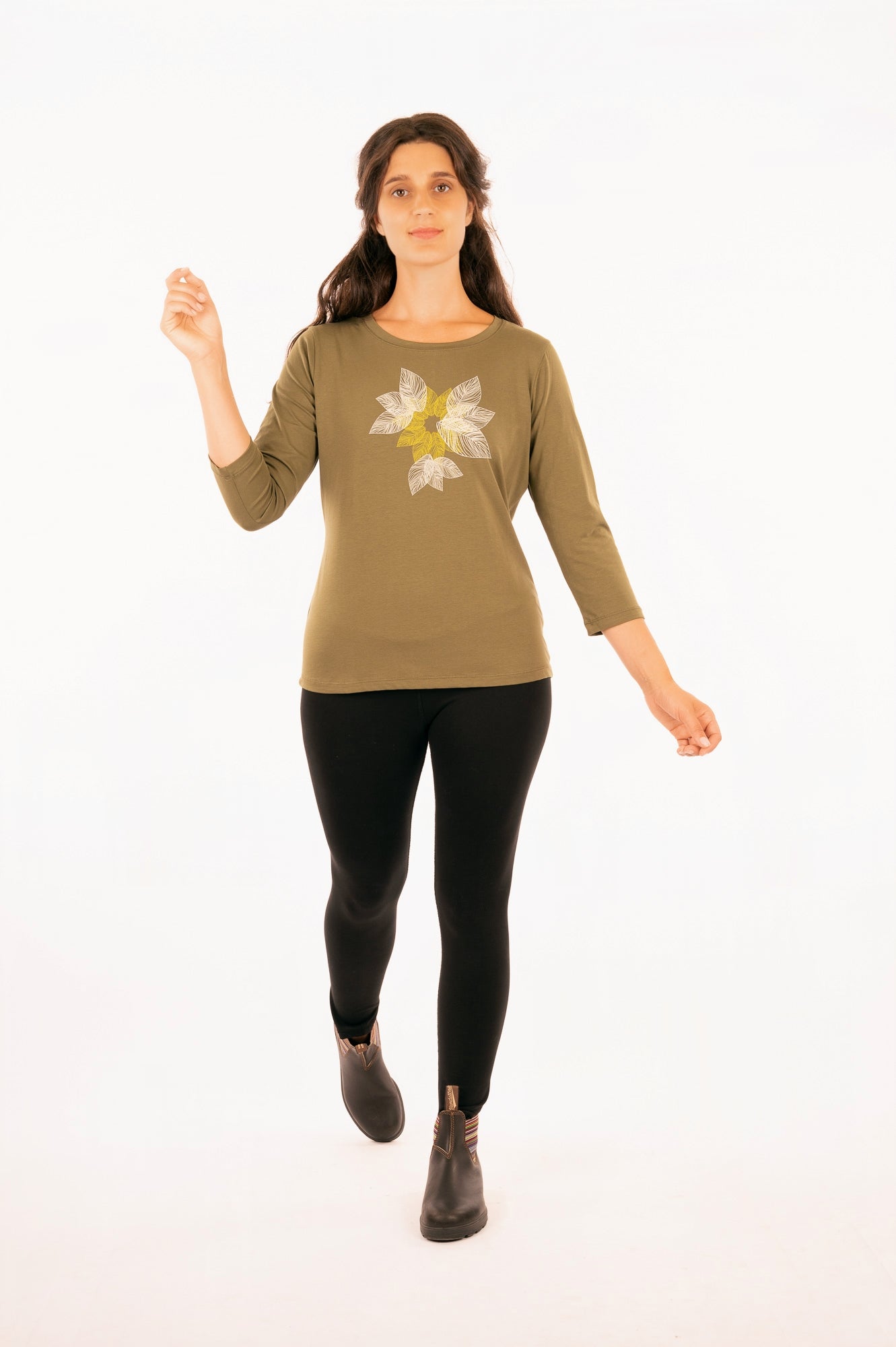 11_WEST_T-shirt Long Sleeves w/ print - Olive (Leaves Mandala)