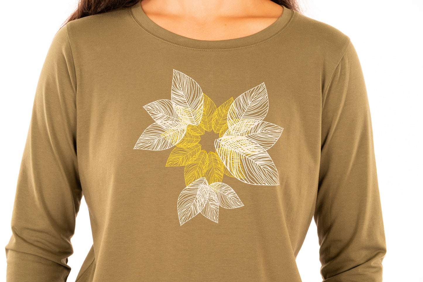 11_WEST_T-shirt Long Sleeves w/ print - Olive (Leaves Mandala)