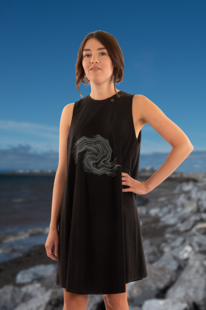 T1V-13 - VAGUE - Organic Cotton Flare Dress with Abstract Wave print