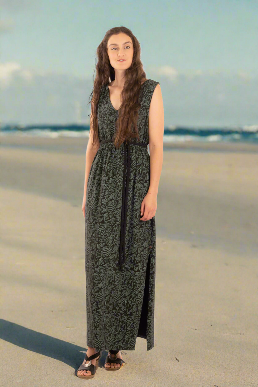 T1V-15 - ELFIE  - Organic Cotton Maxi Dress with braided belt