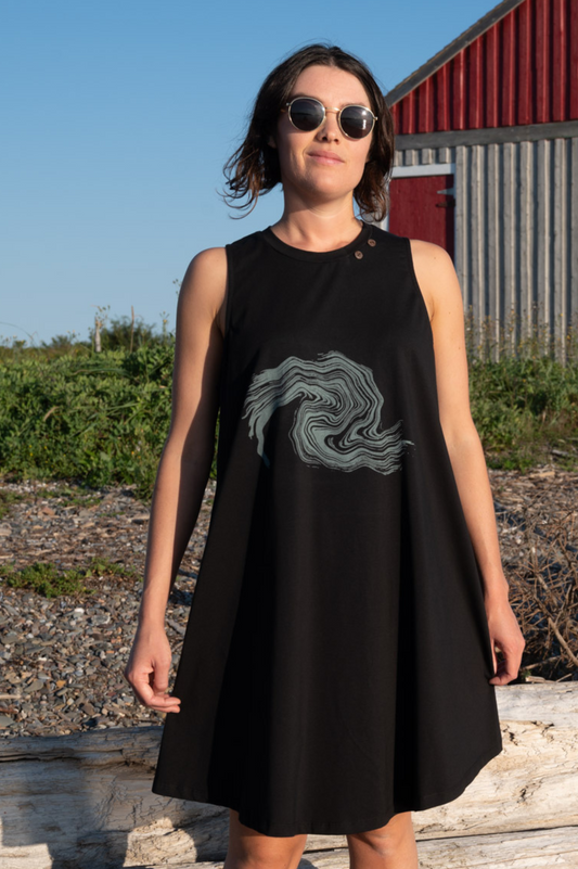 T1V-13 - VAGUE - Organic Cotton Flare Dress with Abstract Wave print