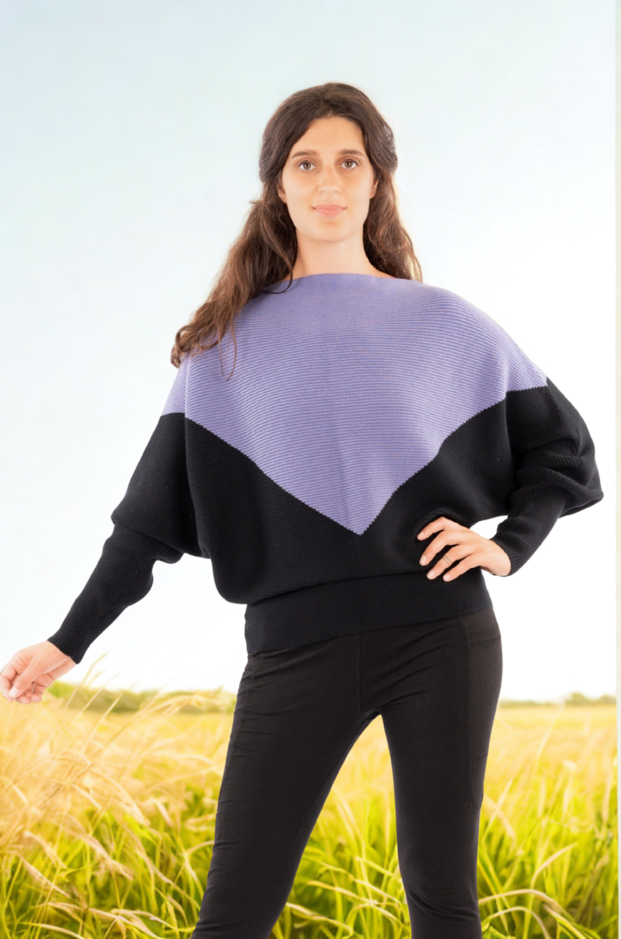 02_Pull triangle en tricot à manches chauve-souris bio